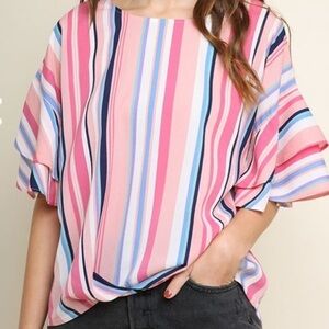 Umgee Pink Multi-Stripe Short Sleeve Blouse